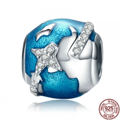 Genuine 100% 925 Sterling Silver World Traveling & Dazzling CZ Blue Enamel Beads Fit Bracelets Jewelry Gift S925 SCC183 CHARM-0307