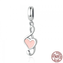 100% 925 Sterling Silver Pink Heart Pendant Music Note Charms fit Bracelets Women Fashion DIY Jewelry SCC110 CHARM-0212