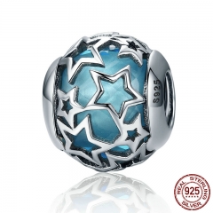 Popular 925 Sterling Silver Shimmering Star Openwork Blue Crystal Beads fit Women Bracelets & Bangles Jewelry SCC411 CHARM-0372