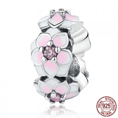Magnolia Bloom, Pale Cerise Enamel & Pink CZ 925 Sterling Silver Charms fit Bracelets & Bangles Jewelry PSC080 CHARM-0245