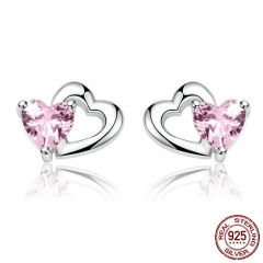 Genuine 925 Sterling Silver Double Heart to Heart Pink CZ Stud Earrings for Women Brincos Fine Jewelry Bijoux SCE090 EARR-0158