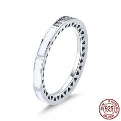 100% 925 Sterling Silver White Enamel Geometric Engrave Clear CZ Finger Ring for Women Wedding Engagement Jewelry SCR372 RING-0428