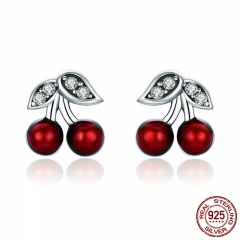Fashion 925 Sterling Silver Summer Cherry Red Enamel & CZ Stud Earrings for Women Sterling Silver Jewelry Gift SCE404 EARR-0410