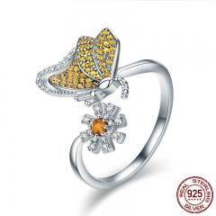 100% Genuine 925 Sterling Silver Butterfly & Daisy Flower Female Ring for Women Wedding Engagement Jewelry Gift SCR354 RING-0386