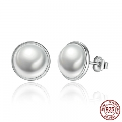 Fashion 925 Sterling Silver Elegant Beauty, Round White Pearl Stud Earrings Women Engagement Jewelry Brincos PAS489 EARR-0099