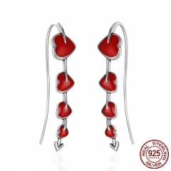 Authentic 925 Sterling Silver Fall in Love Blooming Heart Red Enamel Drop Earrings for Women Valentine Day Gift SCE257 EARR-0279