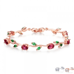 Rose Gold Color Leaf Chain & Link Bracelet with Red + Green AAA Zircon for Mother Gifts Jewelry JIB072 FASH-0096