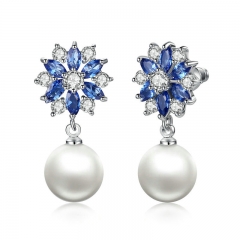 Silver Color Blue Crystals Simulated Pearl Dangle Earrings Drop Earrings for Women Earrings Engagement Jewelry JIE069 FASH-0104