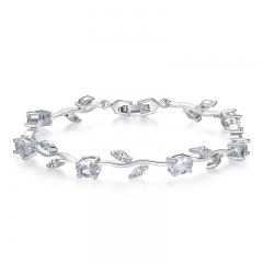 Real White Gold Color Leaf Chain & Link Bracelet with Clear Rhinestone for Mother's Day Gifts Jewelry JIB071 FASH-0099